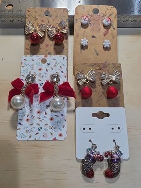 J. Crew Gold Bow and Red Bauble Holiday Earrings Set